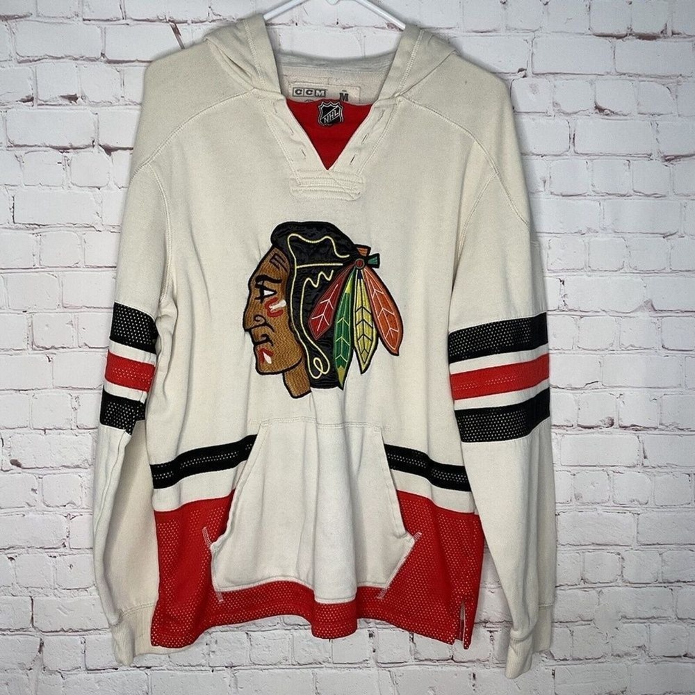 VTG CCM‎ Athletic Equipment Cream/Red Chicago Blackhawks Hoodies Men M China